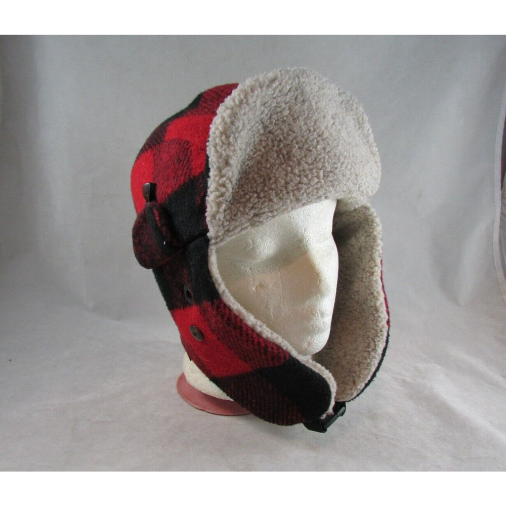 Buffalo Plaid Hunter Trapper Cap Hat BRONER Size Medium Red Black Elmer Fudd